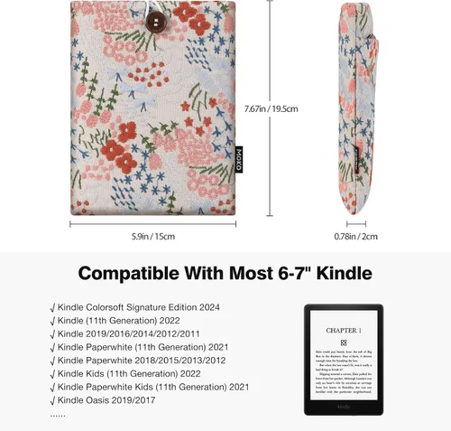 Vista 2 de MoKo Funda protectora acolchada bordada de margaritas de 6-7 pulgadas para Kindle Colorsoft Signature Edition 2024 de 7 pulgadas, Kindle Beige
