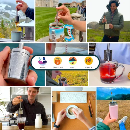 Vista 3 de FinalPress Cafetera y té original, prensa micro francesa portátil de acero inoxidable, tecnología patentada 3 en 1 para preparar bebidas calientes