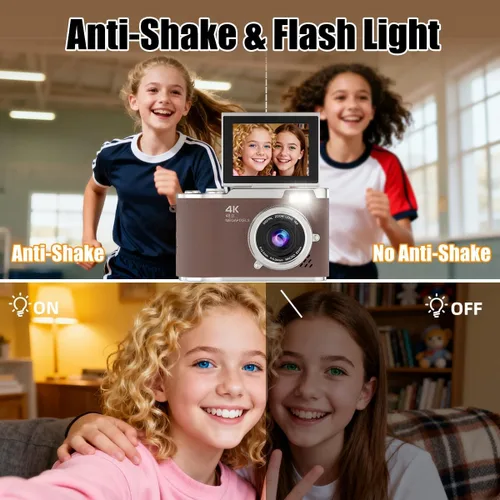 Vista 4 de Cámara digital 4K, cámara selfie de 48 megapíxeles con enfoque automático y pantalla giratoria de 180°, cámara digital compacta para niños con zoom