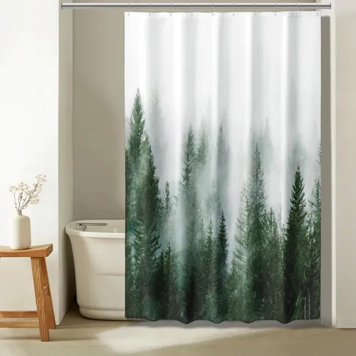 Vista 30 de ORTIGIA 36x72 Cortina de ducha de bosque nebuloso para baño pequeño, cortina de ducha estrecha de naturaleza y bosque en blanco y negro con ganchos