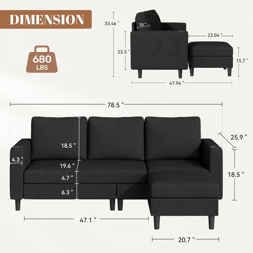 Vista 2 de Sofá seccional en forma de L de 78", sofá de 3 asientos para apartamento, lino negro