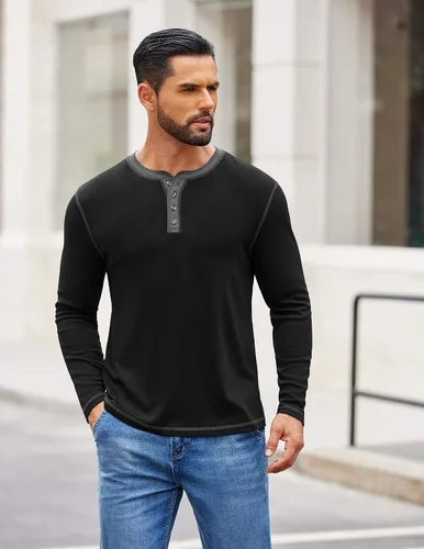 Vista 2 de COOFANDY - Camisetas Henley para hombre, manga larga, con botones, estilo casual, de pullover, suaves, elásticas, tops de camiseta