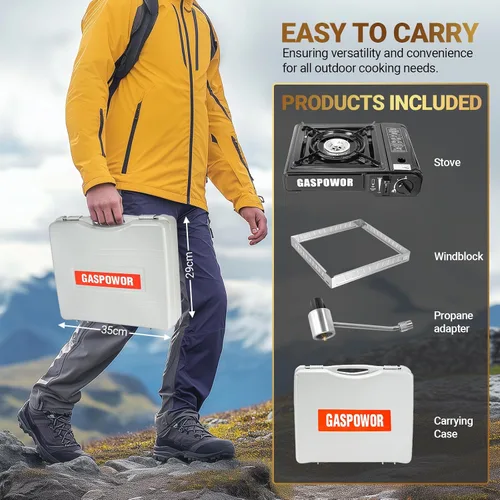 Vista 5 de Estufa de camping portátil de combustible dual Propane or Butane, 10,000 BTU, Automatic Ignition, Carrying Case & Windblocker, Emergency