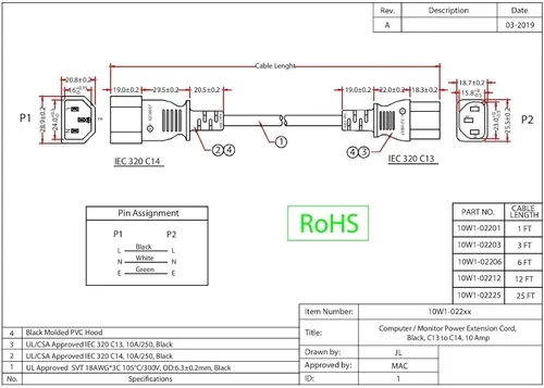 Vista 6 de CableWholesale Cable de extensión de alimentación para computadora/monitor, enchufe C13 hembra a C14 macho, 3 pines, 18 AWG, SVT, 10 amperios, cable