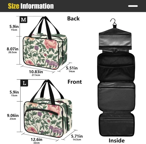 Vista 3 de Neceser de viaje con gancho, diseño retro vintage de flores, hojas y flores, bolsa de afeitar expandible para hombres para mujeres, bolso de viaje
