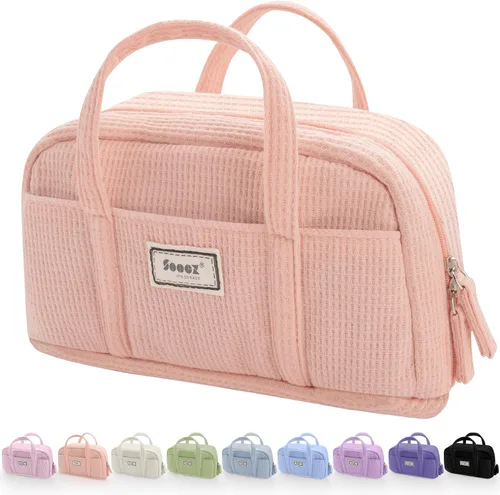 Vista 8 de Sooez Estuche grande para lápices, extra grande con 5 compartimentos, bolsa para bolígrafos de amplia apertura, organizador de pana suave con Beige