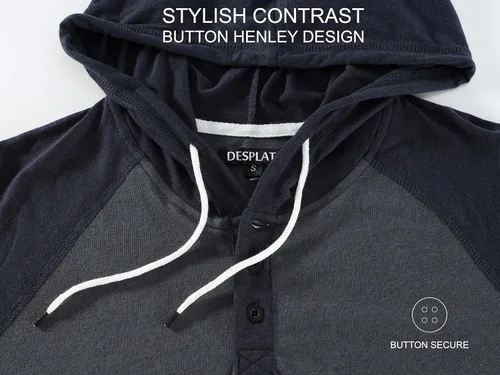 Vista 6 de Sudadera Desplato con capucha, manga larga, ligera, estilo henley, informal, para hombre