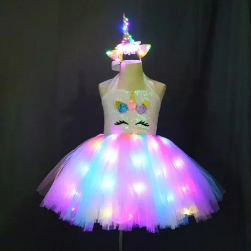 Vista 3 de SHINYOU Girls Unicorn Costume, Rainbow Unicorn Dress, LED Light Up Unicorn Tutu with Wing for Halloween Birthday Gift