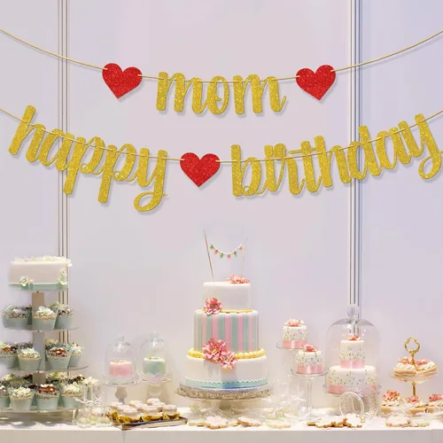 Vista 5 de Cartel de feliz cumpleaños con texto en inglés "Mom Happy Birthday", decoraciones para fiesta de cumpleaños de las mujeres, suministros de fiesta