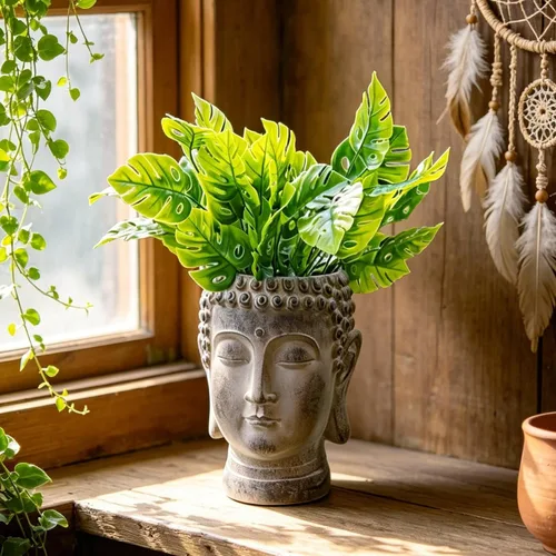 Vista 4 de Buddha - Maceta con Cara de Flor - Macetas de Cabeza - Estatua de Jardín - Maceta para Cactus y Suculentas Maceta de Interior y Exterior