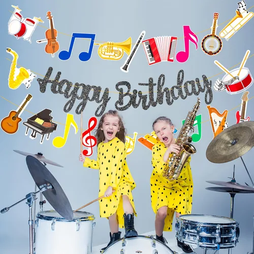 Vista 6 de Cartel de fiesta de cumpleaños con purpurina negra para instrumentos musicales, guirnalda de instrumentos musicales para tema de músico, suministros