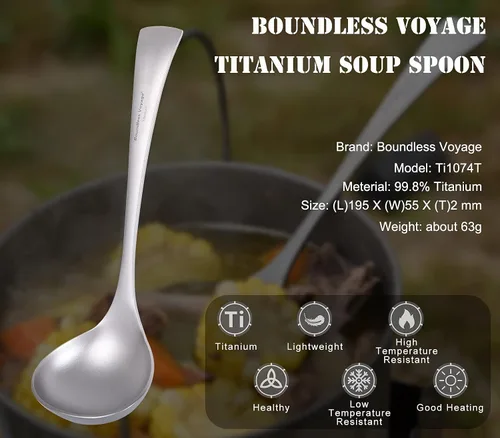 Vista 2 de Boundless Voyage Cucharón de titanio con mango largo, cuchara de sopa ultraligera y duradera, utensilios para acampar al aire libre, picnic, cocina