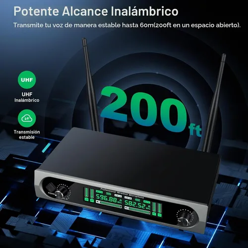 Vista 2 de GDPONRM Sistema de micrófono UHF inalámbrico, con 2 dispositivos de mano, escaneo automático, frecuencias UHF de 2 x 50, rango de 200 pies