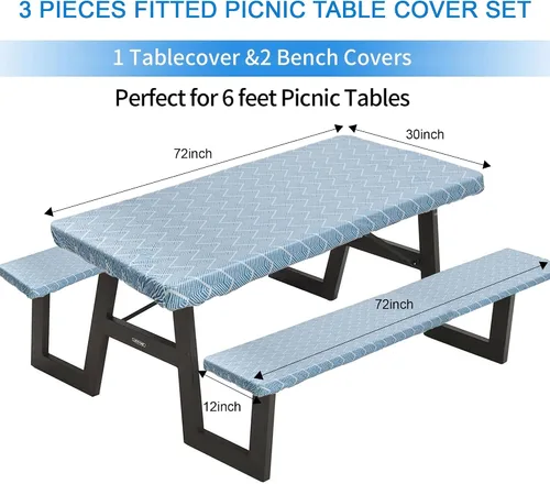 Vista 2 de Funda de mesa de picnic ajustable con fundas para banco, 3 piezas, impermeable, para campamento, pícnic, con borde elástico