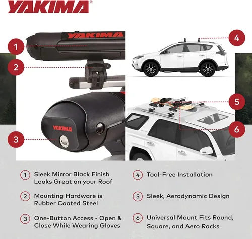 Vista 4 de Portaequipajes de techo Yakima para 4 pares de esquís o 2 tablas de snowboard, montaje universal para auto con bisagra expandible, FatCat EVO 4
