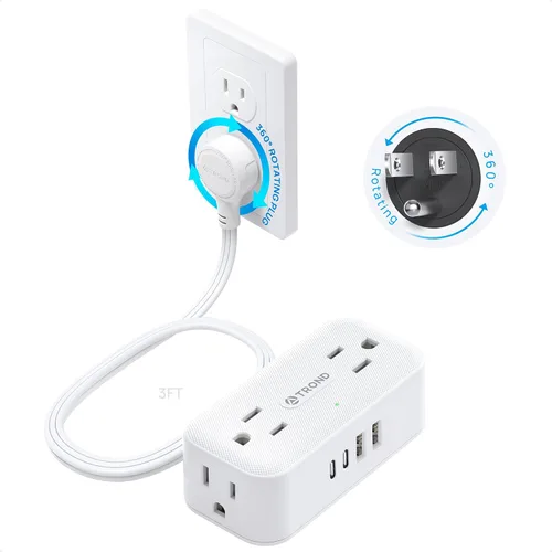 Vista 13 de TROND - Regleta de alimentación con enchufe plano giratorio de 360°, cable de extensión de 3 pies con 4 puertos USB, 4 tomas de CA ampliamente