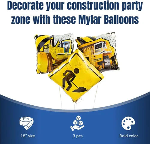 Vista 2 de Construction Zone - Globos de Mylar para decoración de fiestas temáticas de construcción para cumpleaños y eventos de niños, diseño de señal