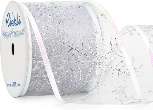 Vista 14 de Ribbli Cinta con alambre de purpurina de copo de nieve, organza dorada transparente con patrón de copo de nieve con purpurina dorada y borde