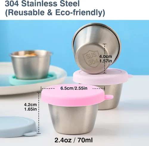 Vista 2 de Homotte - Recipiente para aderezo de ensalada para llevar, para lonchera, 6 x 2.4 onzas Reusable Sauce Containers with Silicone Lid, 18/8