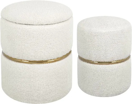 Vista 9 de Juego de 2 otomanas redondas, otomanas tapizadas de piel sintética Sherpa de almacenamiento, silla reposapiés para sala de estar, dormitorio