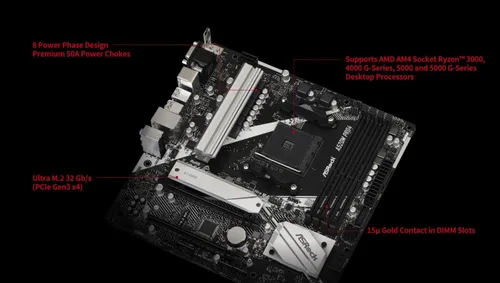 Vista 4 de ASRock A520M Pro4 AMD Ryzen serie 3000/4000 (Soket AM4) Compatible con chipset A520, placa base Micro ATX