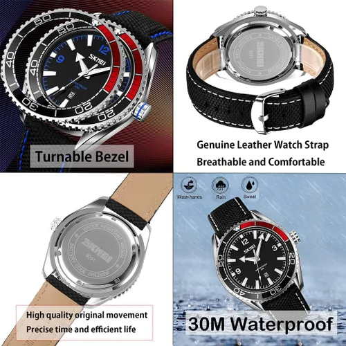 Vista 4 de SKMEI Relojes para hombre, correa de cuero negro, deportivo, grande, grande, de lujo, impermeable, luminoso, vestido de moda, casual, analógico