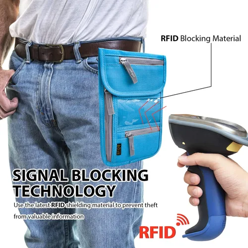 Vista 4 de Cartera de viaje para el cuello, soporte con bloqueo RFID para pasaporte con correa ajustable para hombres y mujeres para mantener efectivo
