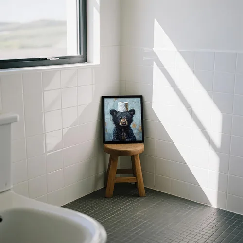Vista 3 de Arte de pared de lienzo enmarcado para baño con oso negro tierno, decoración divertida para baño con animales, adorable oso con papel higiénico