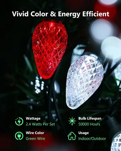 Vista 3 de Juego de 2 luces LED C7 de Navidad, 25.16 pies, 50 luces LED conectables para interiores y exteriores, luces navideñas rojas y blancas para casa