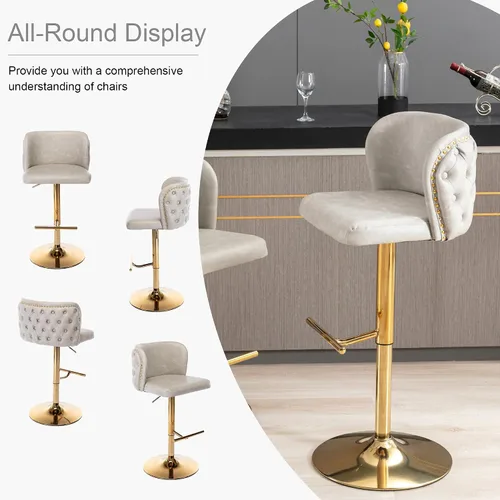 Vista 6 de Taburetes de bar tapizados de poliuretano con base dorada, taburetes de bar ajustables de 25-33 pulgadas, taburetes de mostrador con respaldo Beige