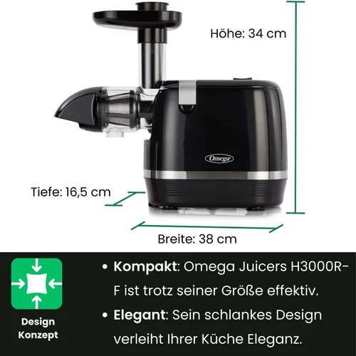 Vista 4 de Omega Exprimidor H3000R Extractor de masticación lenta, 150 vatios, color negro