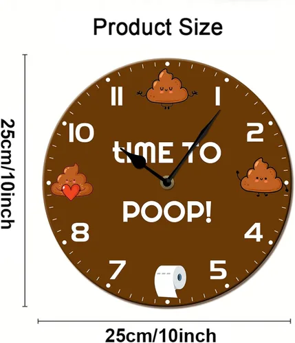 Vista 4 de Funny Poop Barthroom - Reloj de pared de madera de 10 pulgadas, funciona con pilas, reloj de pared sin tictac, hora de hacer popa, relojes de pared