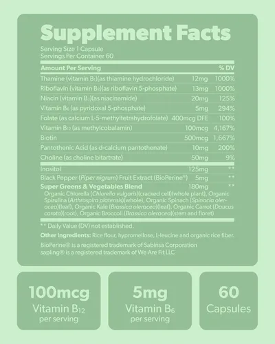 Vista 6 de sapling Complejo vegano de vitamina B, mezcla de alimentos integrales con vitaminas B esenciales B1, B2, B3, B5, B6, B7, folato, B12-60 cápsulas