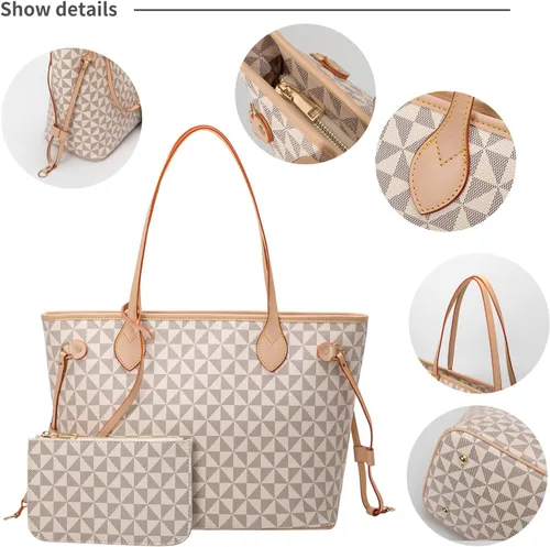 Vista 4 de Bolsos de mano para mujer, bolsos de moda de diseñador con asa superior, 2 piezas, con cartera pequeña (blanco)