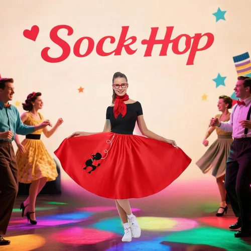Vista 2 de Disfraz de Sock Hop para Mujer, Disfraz de Vestido de Caniche de los Años 1950 para Adulto, Falda de Caniche de los Años 50 con Gafas, Bufanda