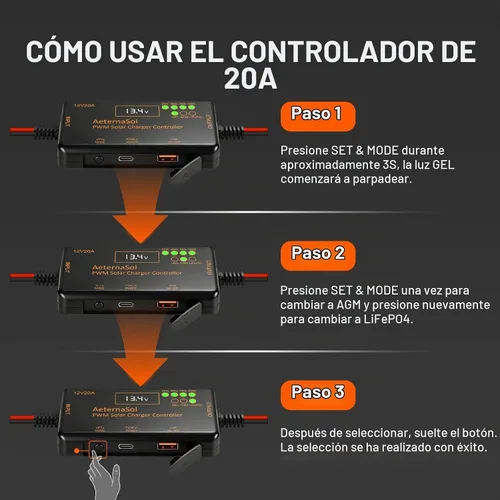 Vista 6 de Controlador de carga solar PWM 12V 20A para LiFePO4, AGM, batería de gel
