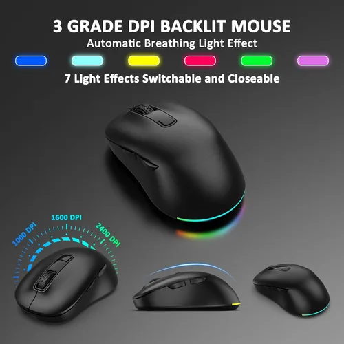 Vista 7 de Combo de teclado y mouse inalámbricos, 9 efectos retroiluminados, teclado retroiluminado recargable de 4000 mAh con reposamuñecas, mouse de 6