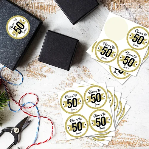 Vista 5 de REWIDPARTY Calcomanías de cumpleaños número 50, 80 calcomanías redondas de oro blanco, calcomanías adhesivas impermeables para decoraciones