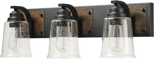 Vista 9 de Globe Electric 51854 Kingston - Lámpara de tocador de 3 luces, madera sintética oscura, detalles de metal galvanizado, pantalla de vidrio sembrado