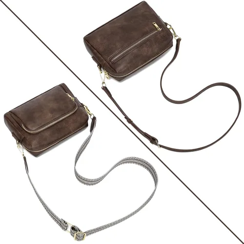 Vista 6 de Bolsos cruzados pequeños para mujer, bolsos cruzados de viaje de cuero vegano, bolsos de hombro con correa de guitarra y correa de cuero