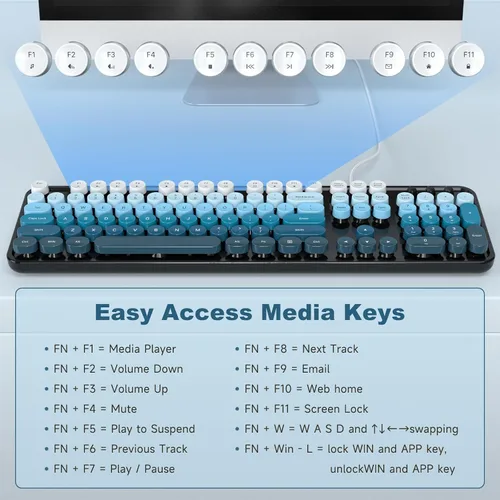 Vista 6 de MOFII Computer Keyboard Wired,Round Key Retro Typewriter Keyboard Full Size USB Plug and Play, for Laptop, PC, Desktop, Windows