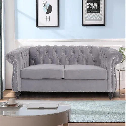 Vista 13 de LEVNARY Sillón Chesterfield de Terciopelo, Sillón Individual de Estilo Moderno de Mediados del Siglo con Respaldo de Botones y Decoración con Beige