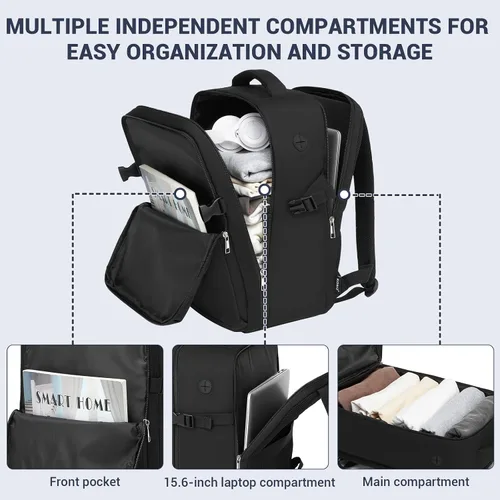 Vista 6 de Kono Mochila de mano 40x20x25 Bolsa de mano Viaje en avión 20L, mochila para laptop de 15.6 pulgadas, para hombres y mujeres, Negro, 20 l, Mochila