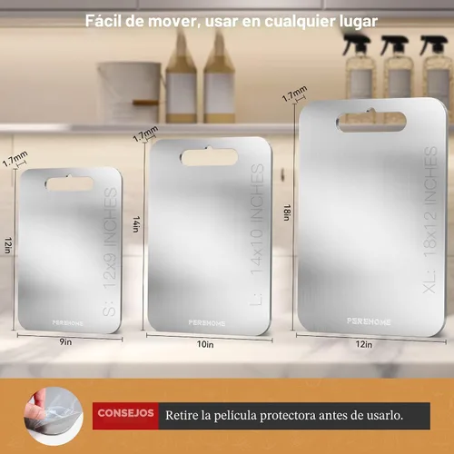 Vista 6 de Juego de 3 tablas de cortar de titanio para cocina, tabla de cortar de doble cara, 100% grado alimenticio, tablas de cortar con mango para carnes 3