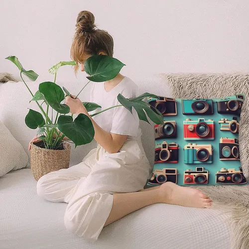 Vista 9 de Retro Cool Camera Collection Print Decorative Linen Pillow Covers, Couch Throw Pillows, Square Cushion Covers, Spring Home Decor