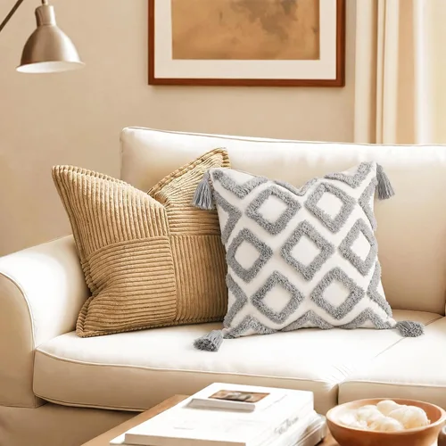 Vista 6 de PANOD - Juego de 2 fundas de cojín decorativas de estilo granja, súper suaves, con patrón de diamante sólido, con penachos y borlas, modernas Gris