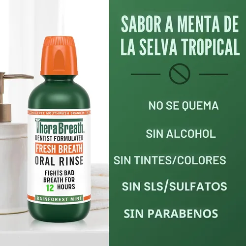 Vista 6 de TheraBreath Fresh Breath - Enjuague bucal Rainforest Mint, sin alcohol, 16 onzas líquidas (paquete de 2)