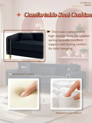 Vista 5 de Sofá de terciopelo de 87.5 pulgadas, sofá de 3 plazas, cómodo y moderno, con 3 almohadas suaves, sofá tapizado para sala de estar, dormitorio