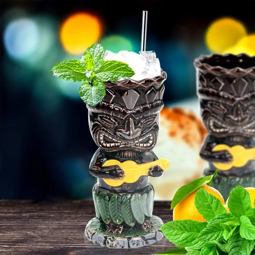 Vista 3 de SuproBarware Tiki - Juego de 4 tazas de cerámica hawaiana para fiesta, tazas grandes de fiesta Tiki para cócteles, bebidas tropicales de bar