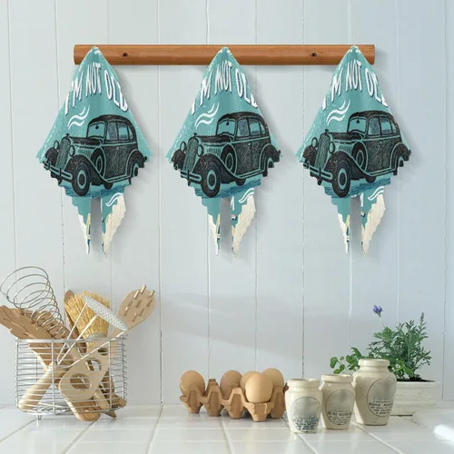 Vista 5 de Juego de 6 paños de cocina retro de los años 60 con estampado de automóvil brillante, toallas de cocina para la cocina, toallas brillantes